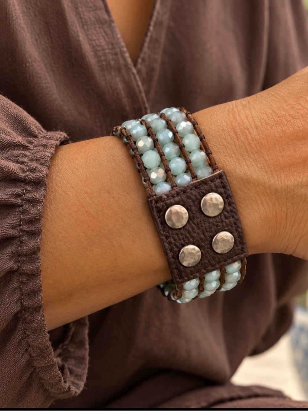 Boho Light Aqua Crystal Multi-Strand Leather Wrap Bracelet